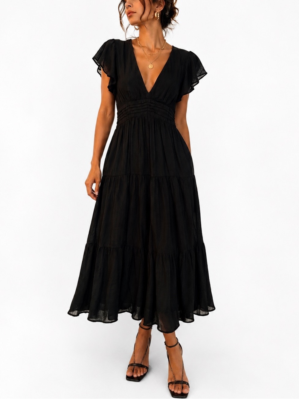 Trixxi Black V-Neck Tiered Fit Flare Midi Dress Sz M